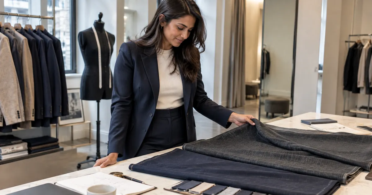 woman comparing navy and charcoal suit fabrics